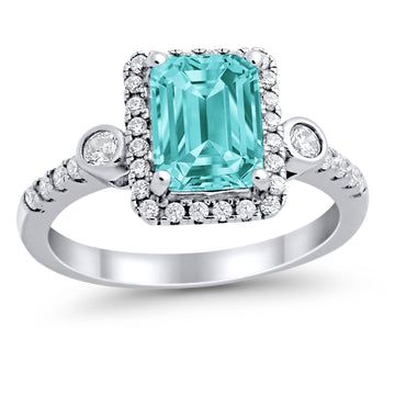 Halo Weddding Bridal Promise Ring Simulated Paraiba Tourmaline CZ 925 Sterling Silver